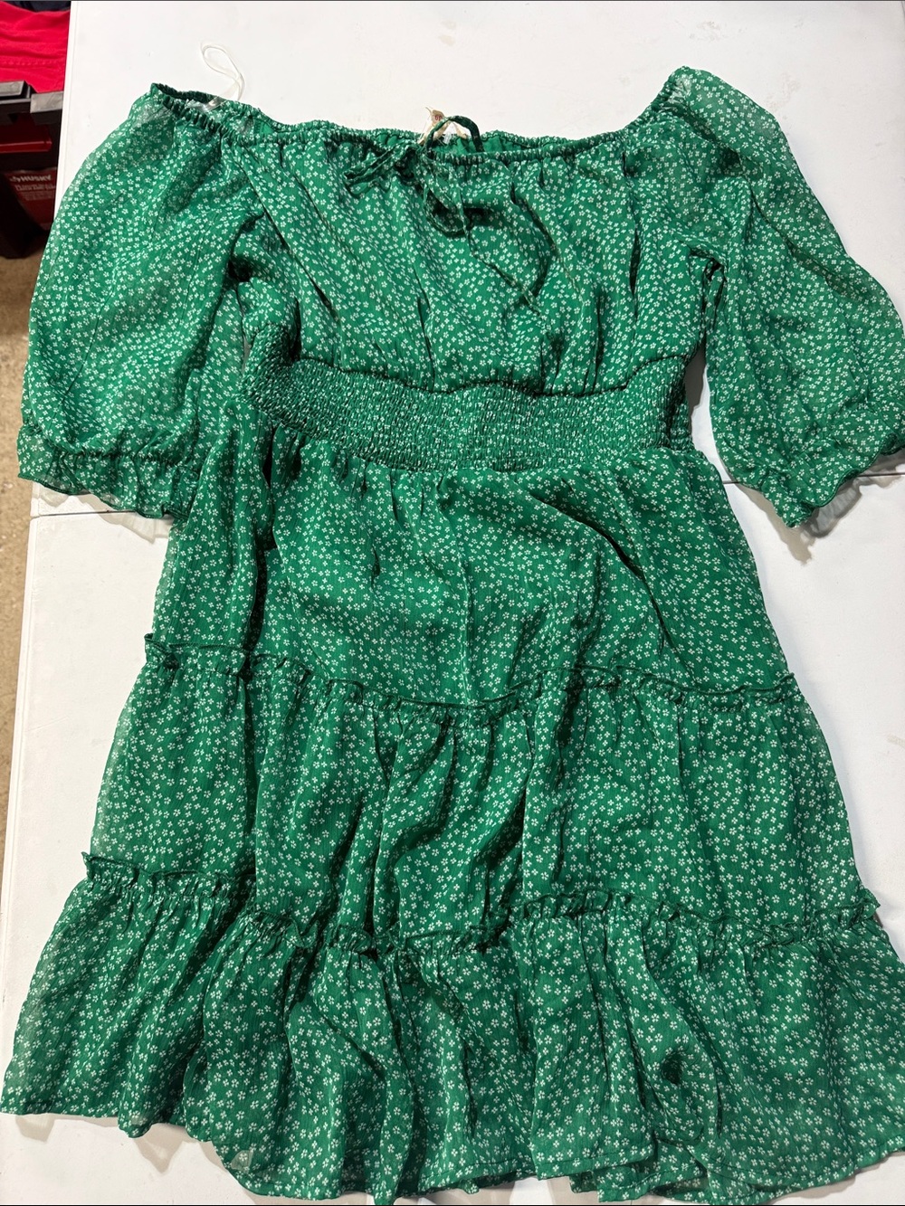 Misses Green Floral Off-Shoulder Tiered Dress